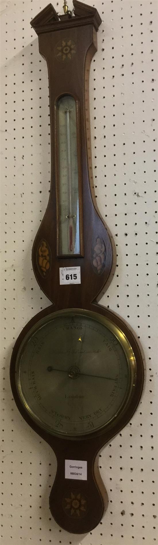 Early 19th century mahogany and paterae inlaid wheel barometer, dial signed BARBON, Fullwood Rents, London